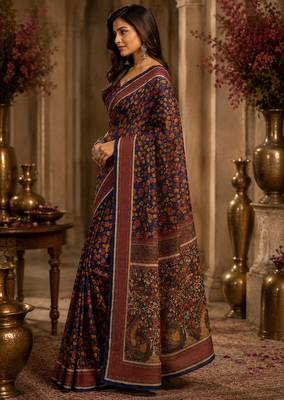 Navy blue color digital printed chanderi cotton ready to wear saree with blouse 3