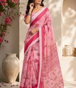 Baby pink color digital printed chanderi cotton ready to wear saree with blouse