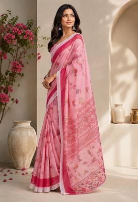Baby pink color digital printed chanderi cotton ready to wear saree with blouse 3
