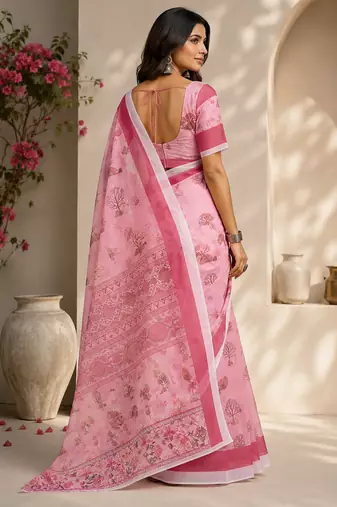 baby pink color digital printed chanderi ready to wear saree with blouse 