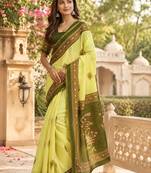 Dark green color digital printed chanderi cotton ready to wear saree with blouse