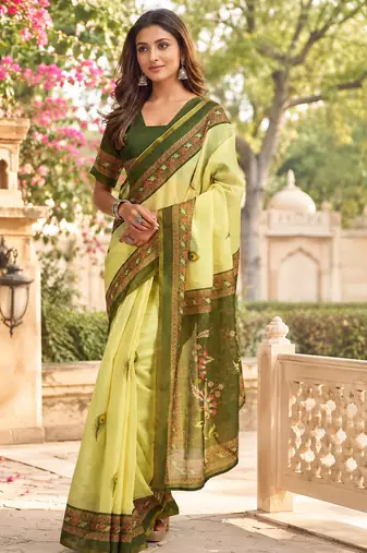 dark green color digital printed chanderi ready to wear saree with blouse 