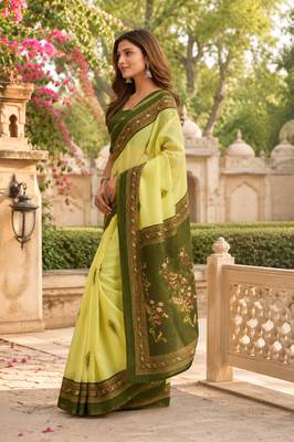 Dark green color digital printed chanderi cotton ready to wear saree with blouse 3