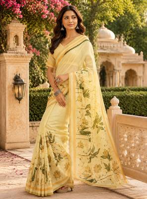 Chiku color digital printed chanderi cotton ready to wear saree with blouse 1