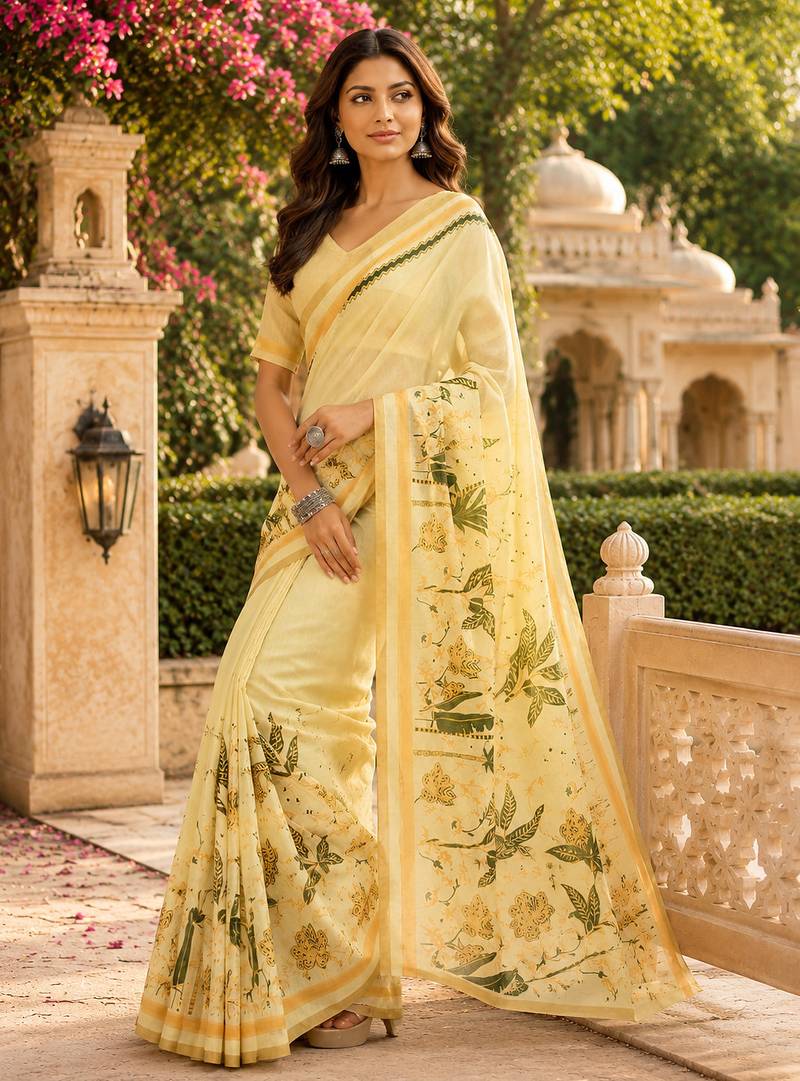 Chiku color digital printed chanderi cotton ready to wear saree with blouse