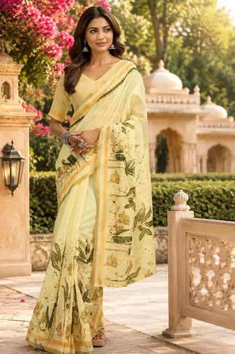 chiku color digital printed chanderi ready to wear saree with blouse 
