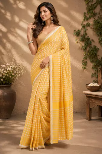yellow color digital printed chanderi ready to wear saree with blouse 