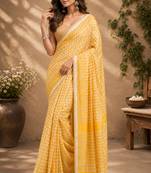 Yellow color digital printed chanderi cotton ready to wear saree with blouse