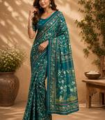 Teal color digital printed chanderi cotton ready to wear saree with blouse