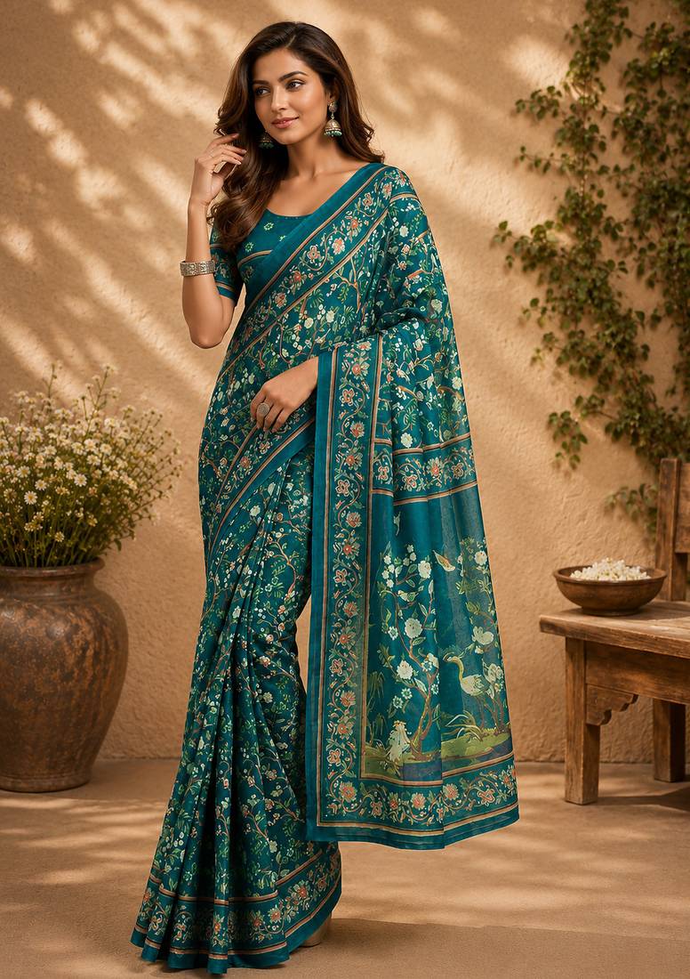 Teal color digital printed chanderi cotton ready to wear saree with blouse