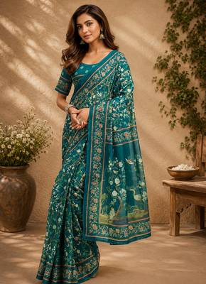 Teal color digital printed chanderi cotton ready to wear saree with blouse 2