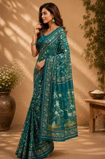 teal color digital printed chanderi ready to wear saree with blouse 