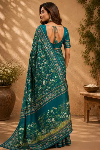 teal color digital printed chanderi ready to wear saree with blouse 