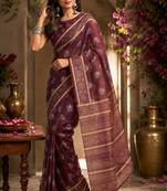 Wine color digital printed chanderi cotton ready to wear saree with blouse