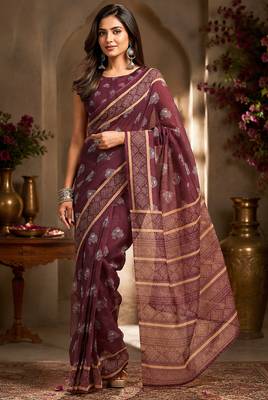 Wine color digital printed chanderi cotton ready to wear saree with blouse 2