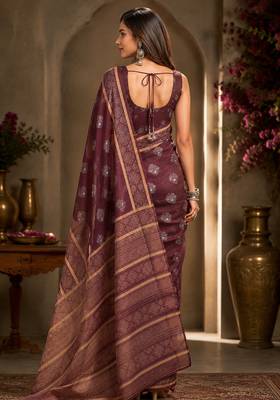 Wine color digital printed chanderi cotton ready to wear saree with blouse 4
