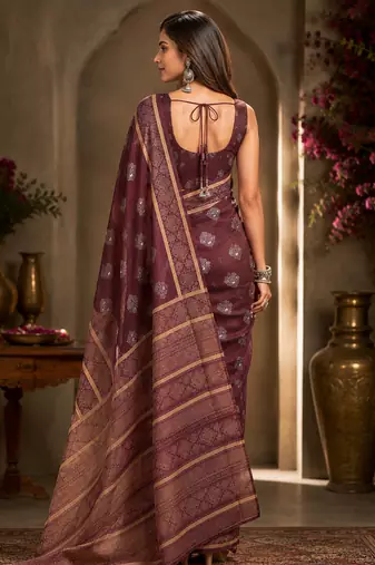 wine color digital printed chanderi ready to wear saree with blouse 