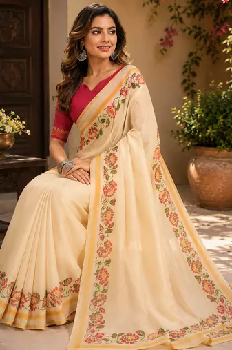 cream digital printed chanderi ready to wear saree with blouse