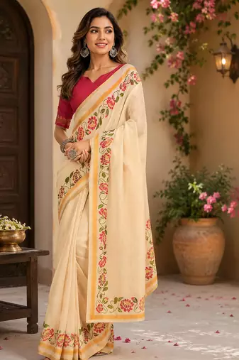 cream digital printed chanderi ready to wear saree with blouse
