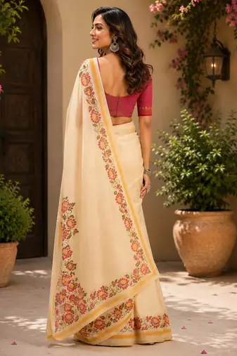cream digital printed chanderi ready to wear saree with blouse