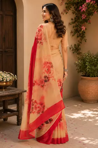red digital printed chanderi ready to wear saree with blouse