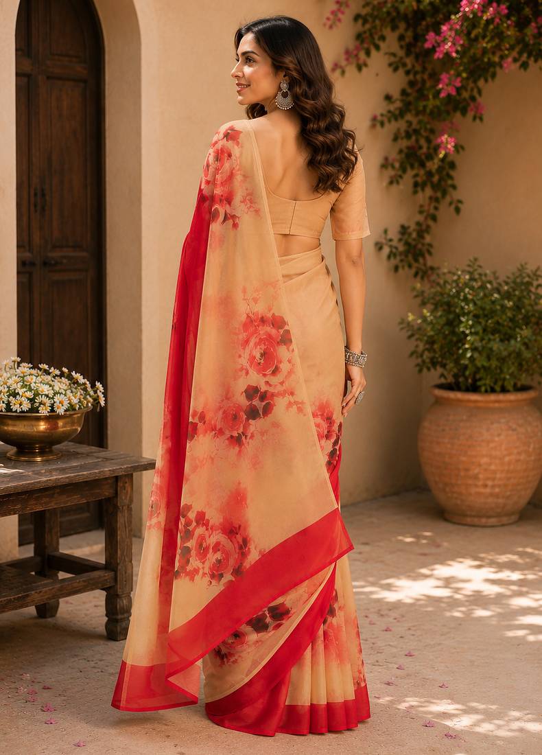 red digital printed chanderi ready to wear saree with blouse