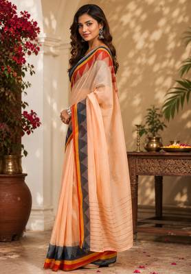 Peach color digital printed chanderi cotton ready to wear saree with blouse 3