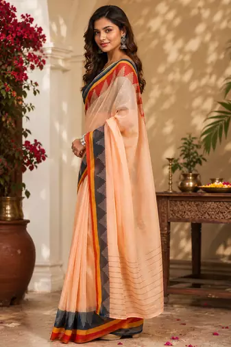 peach color digital printed chanderi ready to wear saree with blouse 