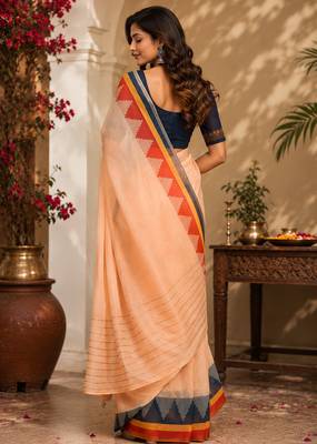 Peach color digital printed chanderi cotton ready to wear saree with blouse 4