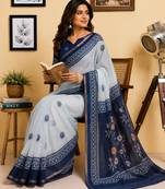 White color digital printed chanderi cotton ready to wear saree with blouse
