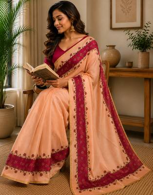 Peach color digital printed chanderi cotton ready to wear saree with blouse 1