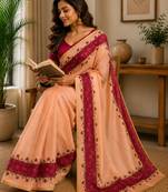 Peach color digital printed chanderi cotton ready to wear saree with blouse
