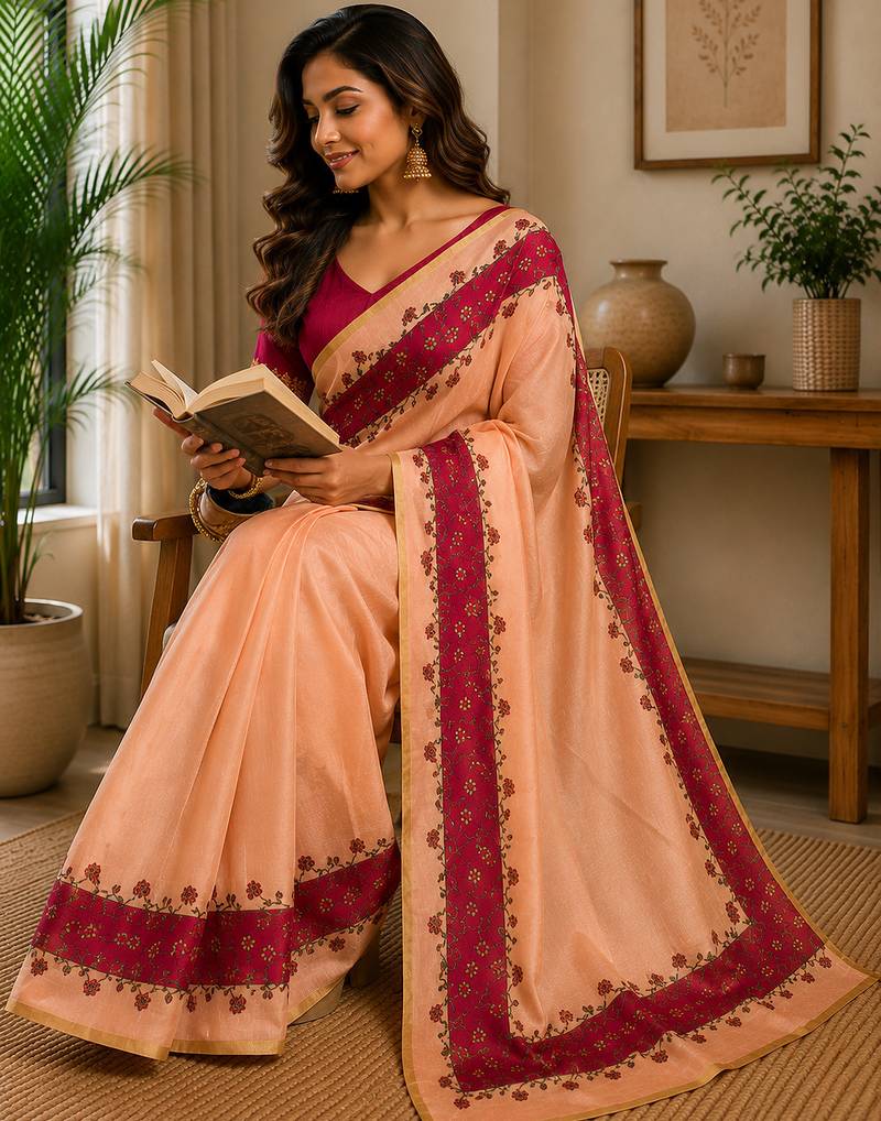 Peach color digital printed chanderi cotton ready to wear saree with blouse