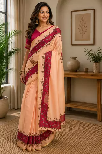 peach color digital printed chanderi ready to wear saree with blouse 