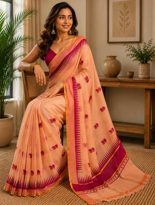 Peach color digital printed chanderi cotton ready to wear saree with blouse 1