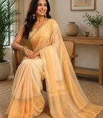 Chiku color digital printed chanderi cotton ready to wear saree with blouse