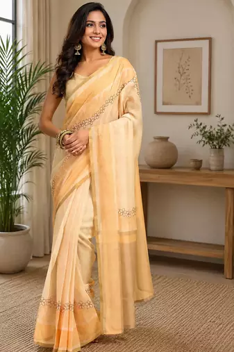 chiku color digital printed chanderi ready to wear saree with blouse 