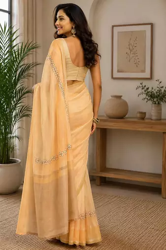 chiku color digital printed chanderi ready to wear saree with blouse 