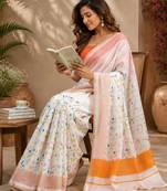 White color digital printed chanderi cotton ready to wear saree with blouse