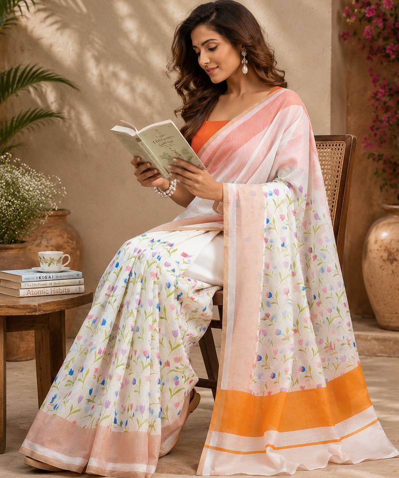 White color digital printed chanderi cotton ready to wear saree with blouse