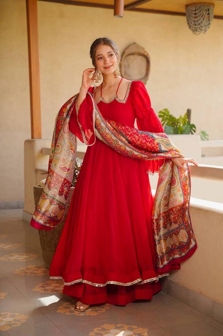 red color mirror fancy lace silk blend gown palazzo set