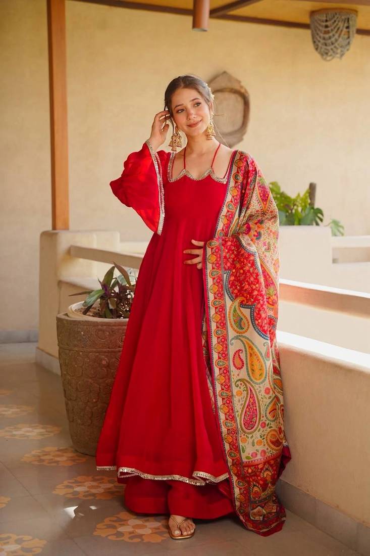 red color mirror fancy lace silk blend gown palazzo set