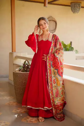 red color mirror fancy lace silk blend gown palazzo set