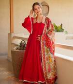 red color mirror fancy lace silk blend gown palazzo set