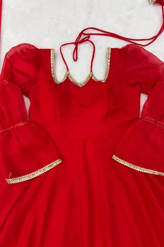 red color mirror fancy lace silk blend gown palazzo set