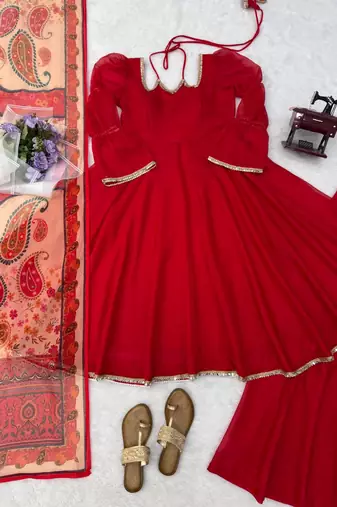 red color mirror fancy lace silk blend gown palazzo set