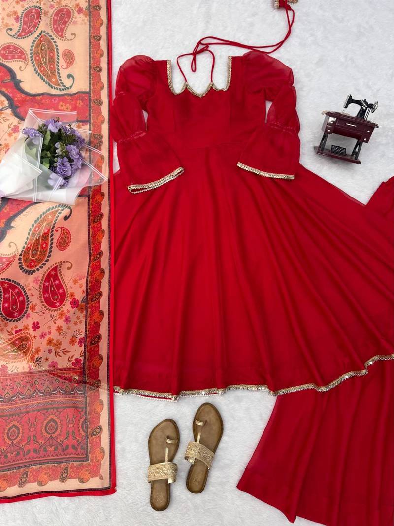 red color mirror fancy lace silk blend gown palazzo set