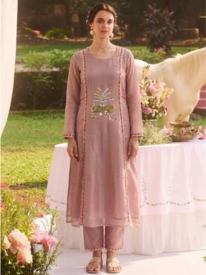 Elegant dusty pink tissue kurta pant set featuring intricate palm motifs with sequin and bead work, enhanced. 1
