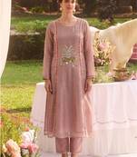 Elegant dusty pink tissue kurta pant set featuring intricate palm motifs with sequin and bead work, enhanced.
