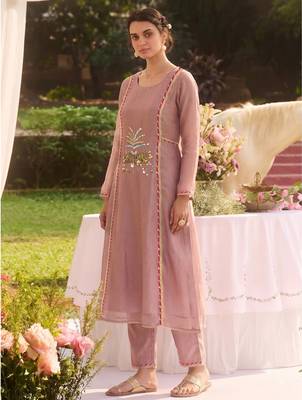 Elegant dusty pink tissue kurta pant set featuring intricate palm motifs with sequin and bead work, enhanced. 2